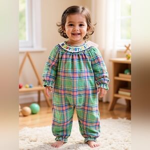 Marie Nicole Plaid Smocked Birthday Romper Sz 12-18M